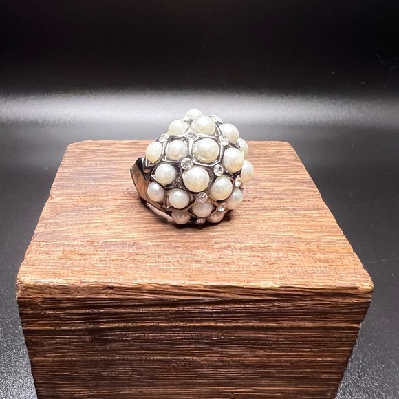Jewelry - Vintage Statement Faux Pearl and Crystal Silver Toned Stretch Ring